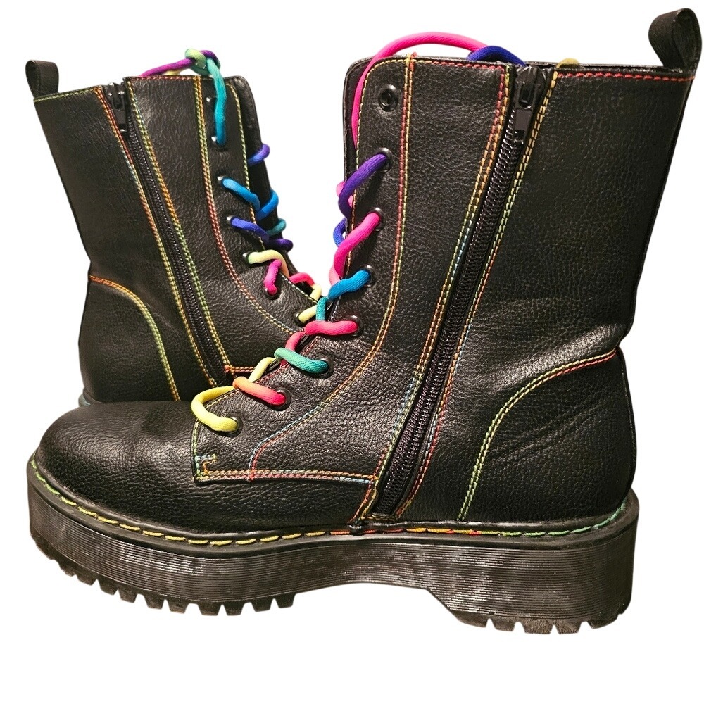Unionbay Black Platform Combat Boots Rainbow Stitching Neon Laces Size 10